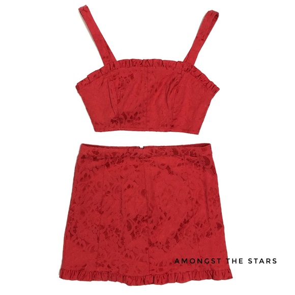 Free People Fiona Red Jacquard Crop Top Skirt Set - Picture 3 of 9